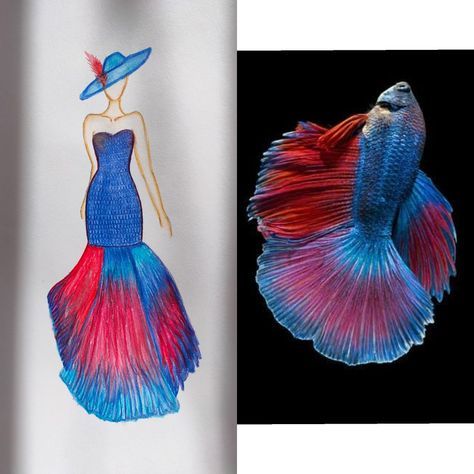 Fish Fashion Illustration, Fish Inspired Dress Illustration, Fish Fashion Design Inspiration, Fish Inspired Fashion Illustration, Nature Inspired Fashion Illustration, Fish Dress Drawing, Portfolio Themes Ideas, Fish Dress Fashion, Fish Fashion Design