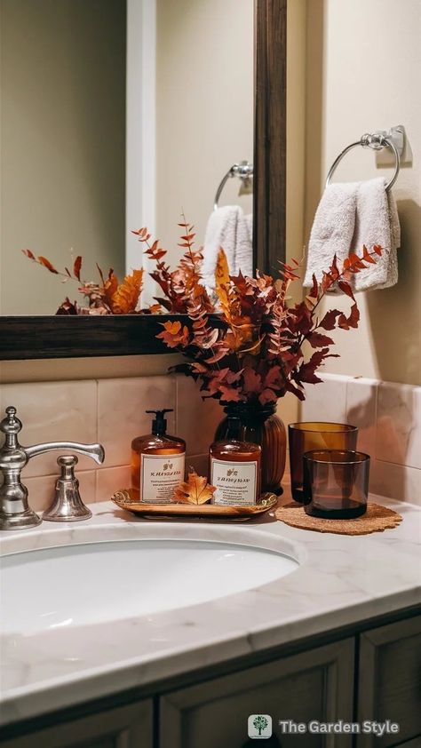 Inspiring Fall Home Decor Ideas to Create a Cozy Autumn Haven - The Garden Style Fall House Decor Bathroom, Fall Decor Ideas For The Home Bathroom, Autumn Decor Bathroom, Cozy Fall Decor Bathroom, Fall Theme Home Decor, Fall Decor Ideas Bathroom, Thanksgiving Decorations Bathroom, Fall Decorations Bathroom, Fall Decor Ideas For Bathroom