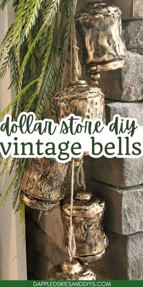 Looking for a way to make homemade Christmas bells? Well then, check out these DIY hanging brass bells using Dollar Tree supplies! Brass Bells Hanging Decor / DIY Christmas Bells / Vintage Brass Bells Christmas Christmas Decor Ideas Using Bells, Gold Christmas Bells Decorations, Diy Large Jingle Bells, Diy Giant Bells, Diy Dollar Tree Christmas Bells, Diy Large Bells, Bells For Christmas Decoration, Large Bell Christmas Decor, Diy Cowbells For Christmas