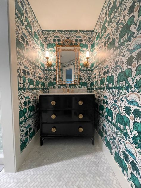 Wayfair free standing vanity. Emma Shipley Wallpaper. Kohler fixtures. Emma Shipley Wallpaper, Emma Shipley, Bathroom Wallpaper Ideas, Dressing Room Decor, Free Standing Vanity, Standing Vanity, Sanibel Island, Bathroom Wallpaper, Anthropology