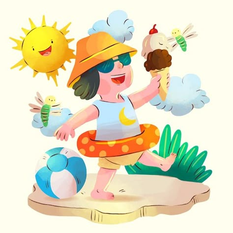 Free vector watercolor illustration for ... | Free Vector #Freepik #freevector #summer-illustration #summer-watercolor #summer-season #summer-time Summer Character Illustration, Summer Season Illustration, Summer Illustration Art Drawings, Summertime Illustration, Summer Season Drawing, Sensory Language, Season Craft, Summer Illustrations, Kids Activity Book