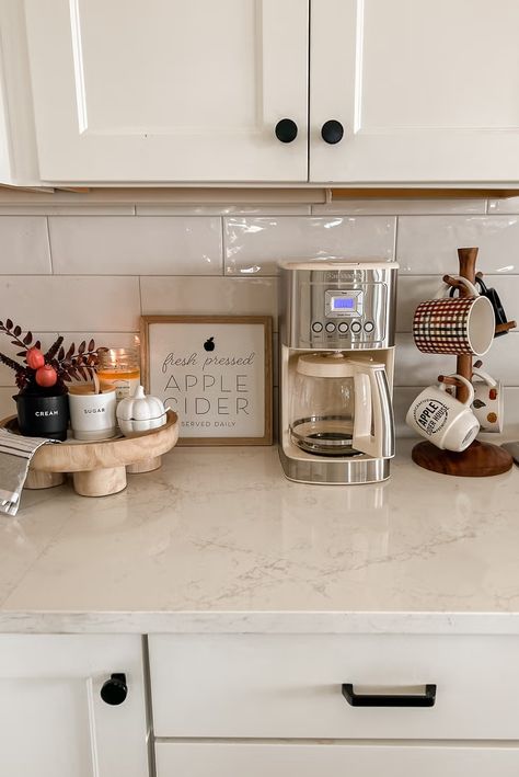 fall coffee bar Fall Coffee Bar, Kitchen Countertop Ideas, Coffee Bar Cart, Coffee Machine Kitchen, Coffee Cabinet, Sarah Joy, Coffee Area, Countertop Ideas, Pink Fall