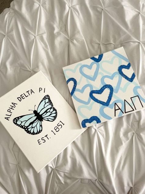 27 Sorority Big Little Canvas Ideas You Can Recreate Right Now Big Doodles Aesthetic, Aesthetic Big Canvas Painting, Canvas Painting Ideas For Gifting, Mini Painting Canvas Ideas, Sorority Canvas Adpi, Painting Ideas On Canvas Sorority, Adpi Painting Canvases, Blue Sorority Canvas, Small Painting Ideas Mini Canvas Aesthetic