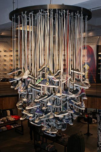 Converse Chandelier! From SF's first-ever NorCal Converse Store. Just for "kicks". Shoes Store Design, Converse Store, Shoe Shops, Shoe Store Design, Sneaker Displays, Clothing Store Interior, Shoe Stores, Clothing Store Design, Store Window Displays