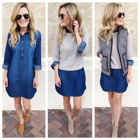 Navy Shirt Dress Outfit Fall, Button Up Denim Dress Outfit, Denim Dress Office Outfit, How To Wear Denim Shirt Dress, Denim Shirt Dress Outfit Women, Winter Shirt Dresses, Styling Denim Shirt Dress, Blue Jeans Dress Outfit, Sweater Over Shirt Dress