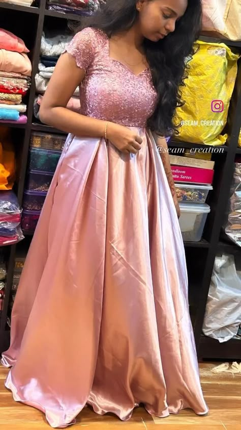 Traditional Long Frocks Indian Latest, Satin Dresses Design Ideas, Back Design For Frock, Satin Cloth Dress Designs, Simple Gown For Women, Froks Dresses Woman Long, Satin Long Frocks, Simple Long Frock Designs For Women, Dress Indian Style Casual