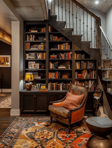 21 Wall Decor Ideas For Basement Basement Library Ideas, Basement Bookshelves, Flying Pigs Decor, Den Decorating Ideas, Basement Library, Ideas For Basement, Creative Wall Decor Ideas, Productive Home Office, Basement Movie Room