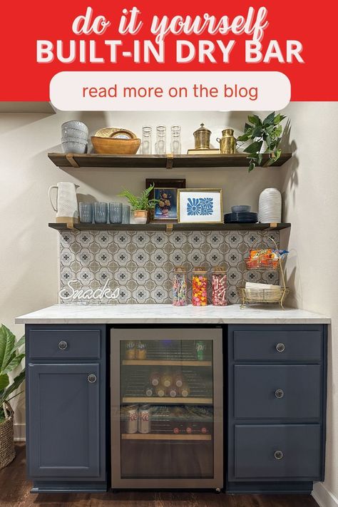 Maximize your space with a custom built-in dry bar made from stock cabinetry, laminate countertops, and open shelving! 🍹✨ Our tutorial shows you how to create a chic and functional bar area that's perfect for entertaining. Click to learn how to elevate your home decor with this DIY project! #DIYHomeBar #BuiltInBar #DryBar Bar With Beverage Fridge, Basement Snack Bar Ideas, Basement Dry Bar, Basement Dry Bar Ideas, Kitchen Beverage Center, Diy Dry Bar, Built In Wine Bar, Dry Bar Ideas, Kitchen Desk Areas