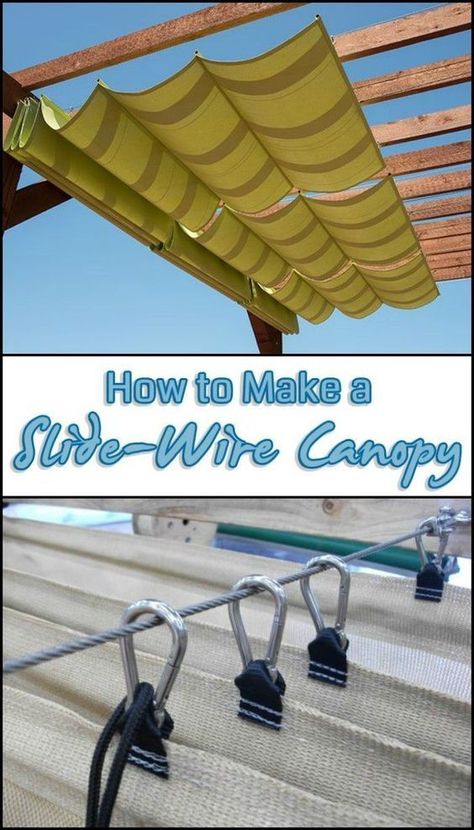 DIY Canopy - Retractable Shade for Your Pergola | Diy canopy, Slide wire canopy, Backyard Slide Wire Canopy, Retractable Shade, Balkon Decor, Diy Canopy, Pergola Attached To House, Outdoor Kitchen Design Layout, Patio Shade, Outdoor Diy Projects, Pergola Plans