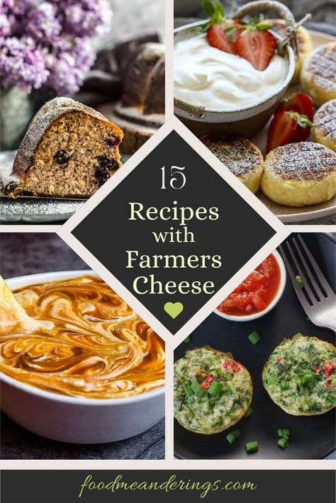 collage of 4 farmers cheese recipes with text in the middle Farmers Cheese Appetizers, Farm Cheese Recipes, Basket Cheese Recipes, What To Make With Farmers Cheese, Recipes Using Farmers Cheese, Recipes With Farmers Cheese, Farmers Cheese Recipes Dishes, Farmer Cheese Recipes, Farmers Cheese Recipes