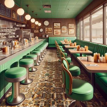 a-1940s2f1950s-diner-interior2c-with-sage-green-and- - Image Creator from Microsoft Designer Diner Restaurant Interior, 50s Restaurant Interior Design, Sage Green Restaurant, 1940s Diner, Retro Cafe Design, 1950s Diner Aesthetic, 50s Diner Aesthetic, 70s Diner, Diner Exterior