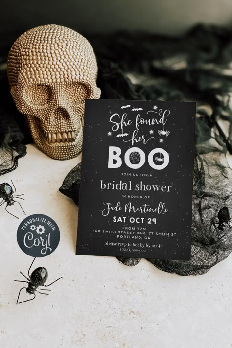 Halloween Bachelorette Party Invitations, Halloween Bachelorette Invitations, Halloween Themed Wedding Shower Ideas, Bridal Shower Ideas Halloween, Spooky Wedding Shower Ideas, Halloween Bridal Shower Invitations, Bridal Shower She Found Her Boo, Halloween Couples Shower Ideas, She Found Her Boo Party