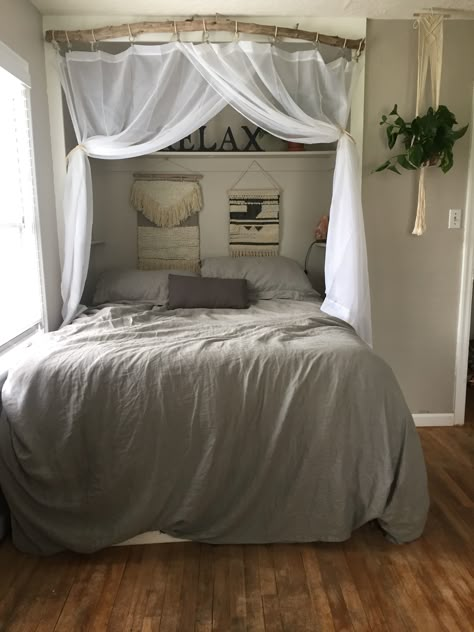 Transformed small master bedroom into a roomy and cozy nook by putting the bed in the closet. Bed In The Closet, Bedroom Remodel Ideas, Bed Nook, Closet Bed, Tiny Bedrooms, Bed In Closet, Bedroom Remodel, Redecorate Bedroom, Tiny Bedroom