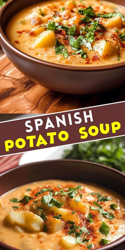 Looking for a comforting and flavorful dish? 🥔🍲 Try this Spanish Potato Soup. a traditional recipe that’s perfect for cozy nights or a hearty meal! Made with tender potatoes, garlic, paprika, and olive oil, this soup delivers rich, authentic Spanish flavors. Ready to cook? 👩‍🍳 Save this Pin and get the full recipe today!😋 🔗 Click the link to discover the recipe now and enjoy a warm bowl of Spanish Potato Soup! #SpanishPotatoSoup #SopaDePatatas #ComfortFood #EasyRecipes #SoupLovers Potato Soup Mexican Style, Spanish Potato Soup With Chorizo, Spanish Garlic Soup, Hearty Potato Soup Recipes, Spanish Potato Soup, Spanish Rice Soup Recipe, Spanish Recipes Authentic, Mexican Potato Soup, Spicy Potato Soup