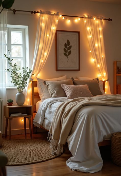 Boho Bedroom with Curtain Lights Boho Bedroom With Lights, Sheer Curtain Lights Bedroom, Fairy Lights Boho Bedroom, Curtain Lights Behind Bed, Fairy Lights Behind Bed, Fairy Lights Bedroom Ideas Simple, Bedroom Curtain Lights, Curtain Lights Bedroom Ideas, Curtain Behind Bed