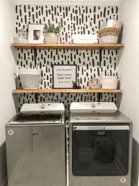 AFFORDABLE & EASY DIY LAUNDRY ROOM MAKEOVER Laundry Room Boho Decor, Laundry Room Ideas No Cabinets, Laundry Room Cheap Makeover, Boho Small Laundry Room, Small Laundry Room Ideas Wire Shelves, Best Flooring For Laundry Room, Diy Home Renovations On A Budget Farmhouse Style, Small Laundry Room Open Shelving, Boho Laundry Room Shelves