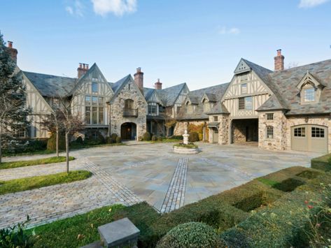 Layout - build out across driveway between house & barn; leave passage for vehicles? French Manor House Interior, Cottage Mansion, Tudor Manor, Tudor Houses, Tudor Homes, Mansion Exterior, Stone Mansion, English Architecture, English Manor Houses