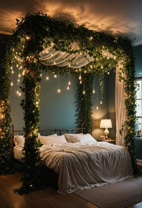 Green Bedding Aesthetic Boho, Cool Canopy Bed Ideas, Room Ideas For A Big Room, Boho Witch Bedroom, Cute Things For Bedroom, Fairytale Forest Bedroom, Fairy Forest Bedroom Ideas, Adult Fairy Bedroom, Magic Forest Bedroom