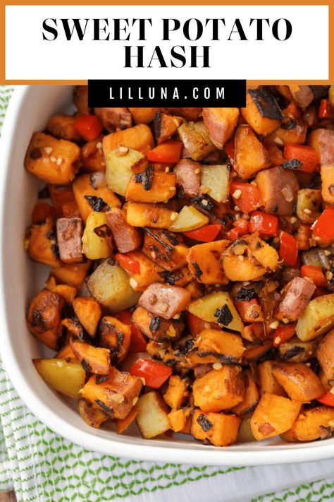 Serve our favorite Sweet Potato Hash as a healthy side dish, or add your favorite protein to make a filling dinner! #sweetpotatohash #sidedish #sweetpotato #healthy #hash Potato Hash Breakfast, Thanksgiving Brunch Recipes, Sweet Potato Hash Recipe, Sweet Potato Breakfast Hash, Potato Hash Recipe, Sweet Potato Dishes, Entertaining Food, Sweet Potato Skins, Hash Recipe