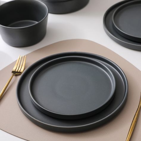 Stone Lain Celina Stoneware 12-Piece Dinnerware Set, 2B, Black, Service For 4, 9-inch Pasta Bowl Dinner Set Design, Matte Plates, Assiette Design, Black Tableware, Kitchen Essentials List, Dinnerware Set Modern, Grey Dinnerware, Kitchen Decor Collections, Crockery Design