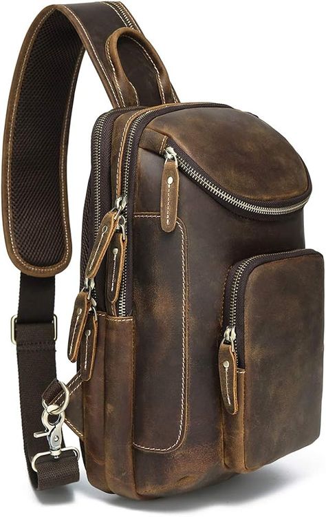 Amazon.com | LANNSYNE Vintage Full Grain Leather Sling Bag Crossbody Chest Daypack | Casual Daypacks Leather Backpack For Men, Leather Crafting, Leather Sling Bag, Mens Wallet, Bag Pack, Mens Leather Bag, Amazon Com, Bagpack, Leather Working