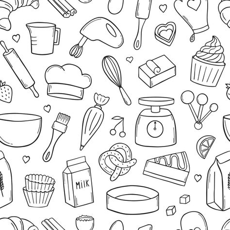 Seamless pattern of baking doodle. Cooking elements. Mixer, butter, flour, spoon, whisk in sketch style. Hand drawn vector illustration isolated on white background. Baking Drawing, Logo Design Inspiration Vintage, Food Doodles, Boutique Logo Design, Logo Design Inspiration Creative, Food Logo Design, Logo Design Feminine, Photo Logo Design, Logo Design Art