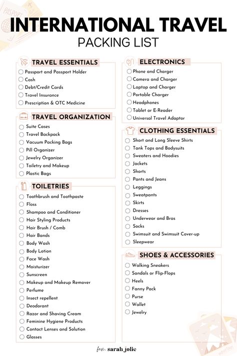 International Travel Packing List Spain Travel Essentials, International Carry On Packing List, Vacation Essentials List, International Travel Essentials List, Travel List Packing, International Travel Packing List, International Packing List, Abroad Packing List, International Travel Packing