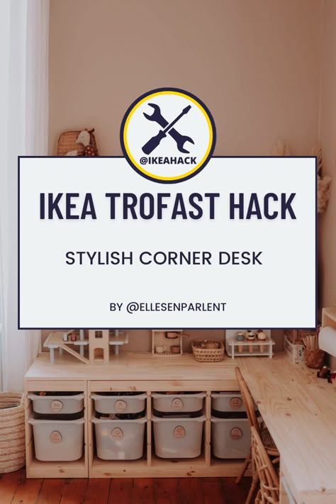 Ikea Corner Storage Hack, Ikea Desk Counter, Trofast Table Top, Ikea Play Corner, Kids Corner Storage, Ikea Trofast Corner Desk, Ikea Corner Storage, Trofast Office, Trofast Homeschool