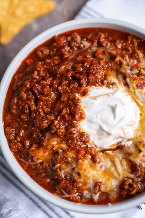 Chili Recipe Beanless, My Best Chili, The Best Classic Chili Recipe, Best Meaty Chili Recipe, Meat Only Chili Recipe, Chili Recipe Stovetop Ground Beef, Chili With Crushed Tomatoes, Brainless Chili Recipe, Copycat Chili Recipes