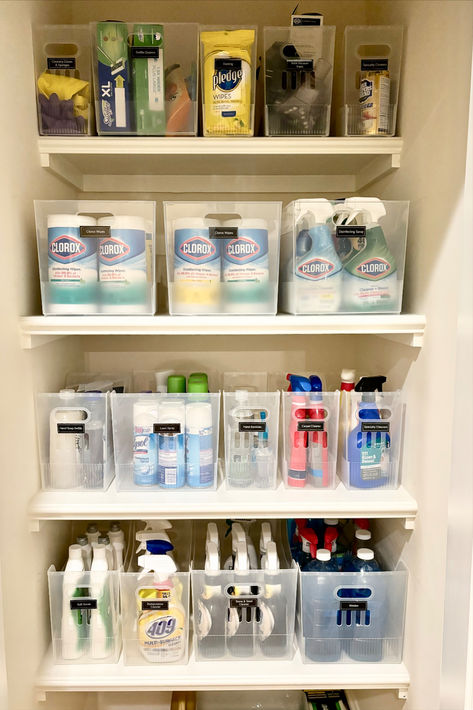 Get your cleaning closet organized with these affordable multipurpose bins. Multipurpose Closet Organization, Cleaning Supplies Closet Organization, Supply Closet Organization, Cleaning Supply Organization, Cleaning Supply Closet, Organize Cleaning Supplies, Clear Organization, Closet Interior, Cleaning Closet Organization