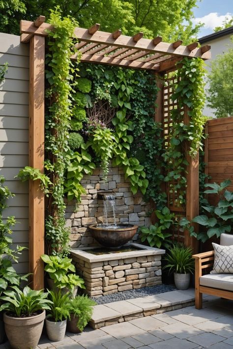 Garden Wall Ideas Decorative, Side Yard Pergola, Garden Walls Ideas, Square Garden Ideas, Garden Feature Wall, Outside Decor Ideas, Landscape Ideas For Backyard, Side Of House Landscaping, Living Wall Garden