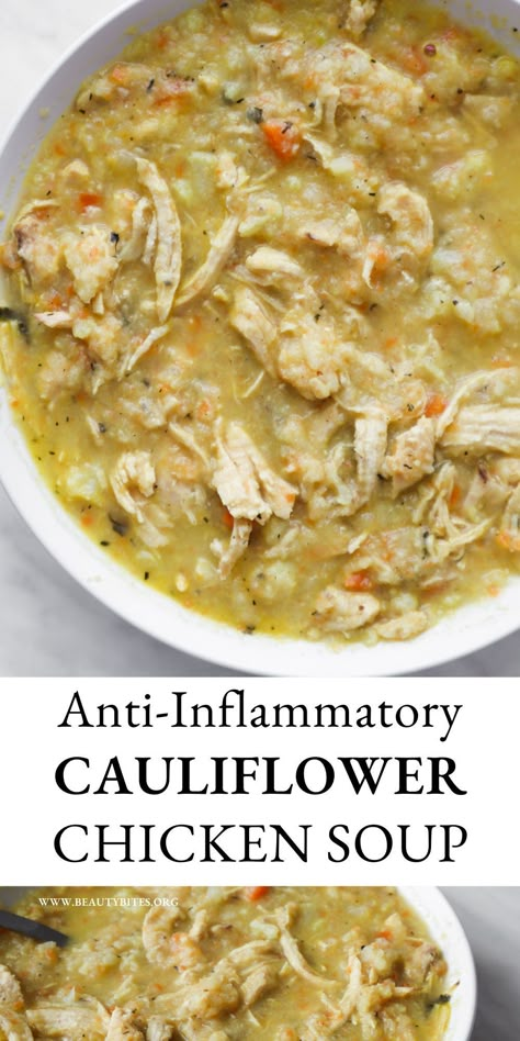 Super easy anti-inflammatory recipe for cauliflower chicken soup! This homemade soup recipe is light, flavorful, healthy and loaded with anti-inflammatory foods. Perfect healthy dinner idea for busy weeknights as it's ready in around 30 minutes, this clean eating recipe is also low carb, gluten free, dairy free and paleo. Roast Mutton, Antinflammatory Foods, Cauliflower Chicken Soup, Clean Eating Recipe, Cauliflower Chicken, Plats Healthy, Homemade Soup Recipe, Keto Soup, Aip Recipes