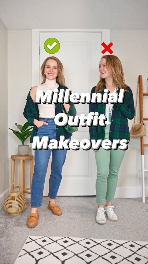 Sarah & Leah | Petite Twins on Instagram: "It’s time for a millennial outfit makeover! 🍁 Sharing an easy way to update this casual fall look to fit the latest fashion trends. All pieces on our LTK 🙂 let us know if you want to see more videos like this! . . . Outfit update, outfit makeover, fall outfit inspo, casual outfit inspiration . #casualoutfitideas #falloutfit #fashionupdate #millenial #fashiontips" Fall Outfits Millenial, Womens Plaid Shirt Outfit Fall, Gen Z Fall Fashion 2023, Comfy Outfit For Work, Fall 2023 Midsize Outfits, Millenial Outfits For Women Casual, Millenial Outfit Makeover, Trendy Millennial Outfits, Millennial Fashion 2023