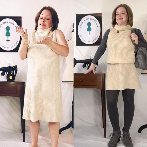 Hello Readers. Let's talk about sweater dresses. They can be soft and cozy but they can also be shapeless and bulky. Before and after. This sweater dress from my daughter was soft and could be warm with some layers. It was thick and kind of shapeless. It wasn't a horrible dress but it wasn't great. It was... fine. We can do better than "fine". We can try at least! I wanted to cut the dress into a top and a skirt. I tried it on and decided how long I wanted the top to be. I wanted… Thread A Sewing Machine, Shapeless Dress, How To Thread, Be Soft, Thrift Flip, Sweater Dresses, Do Better, Bias Tape, Let's Talk About