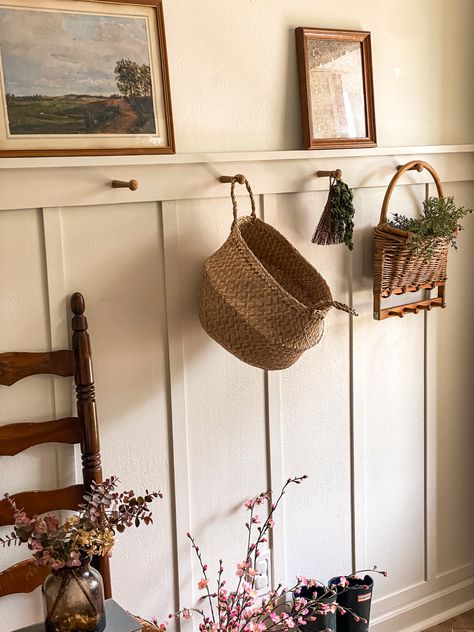 Pegs In Entryway, Panelling With Peg Rail, Farmhouse Peg Rail, Wood Hook Rack, Entry Way Peg Rack, Diy Wooden Hook Rack, Entry Peg Rail, Peg Rail Accent Wall, Board And Batten With Peg Rail