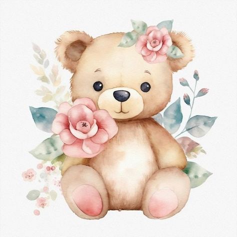 Imagenes Cute, Freepik Illustration, Pastel Colors Flowers, Bear With Flowers, Watercolor Teddy Bear, Baby Teddy Bear, Bear Watercolor, Flower Cute, Bear Cute