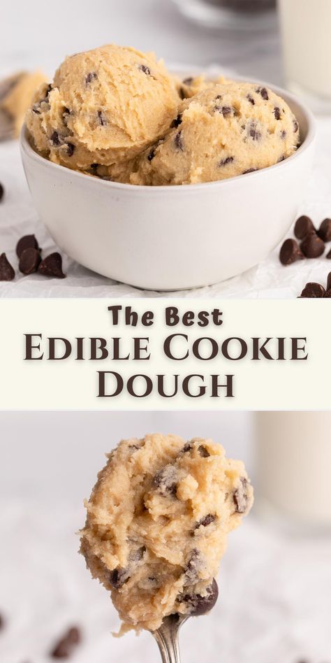 edible cookie dough in bowl and on spoon. Edible Chocolate Cookie Dough Recipe, Dessert Recipes Easter, Things To Bake With Friends, Edible Cookie Dough Recipe For One, Raw Cookie Dough Recipe, Dessert Recipes Simple, Edible Cookie Dough Healthy, Recipes Easy Dessert, Dessert Recipes For A Crowd