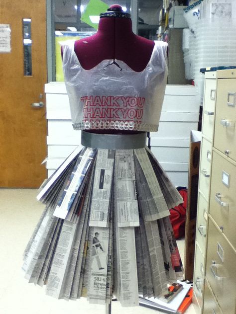 Newspaper Skirt and Plastic Bag Tank Top Anything But Clothes, Recycled Costumes, Newspaper Fashion, Trash Fashion, Newspaper Dress, Recycled Outfits, Recycled Dress, Paper Clothes, Dress Card