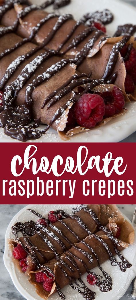 Chocolate Raspberry Crepes - These indulgent crepes are made with a chocolate batter and filled with fresh raspberries and doused with rich, chocolate ganache. YUM! Raspberry Crepes, Chocolate Crepes Recipe, Crêpe Recipe, Sweet Crepes Recipe, Salted Caramel Recipes, Easy Crepe Recipe, Crepes Recipe, Chocolate Crepes, Breakfast Crepes