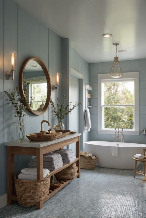 Step into coastal serenity with Pale Smoke (1584)! Discover how hint of smoky blues can elevate your bathroom design in this daily routine with décor tips. #Ad #homedecor #homedesign #bathroom #Painthome interiorarchitecture best Wall Colors for Bathroom Colors Bright Room Colors best colors combinations bathroom bathroom Remodeling Modern Paint Colors 2024 Lake House Bathroom Paint Colors, Eggshell Blue Bathroom, Master Bathrooms Colorful, Large Bathroom Color Ideas, Color Combinations For Bathrooms, Coastal Bathroom Vanity Ideas, Beachy Bathroom Paint Colors, Grey And Blue Bathroom Ideas Colour Schemes Master Bath, Modern Beach Bathroom Ideas