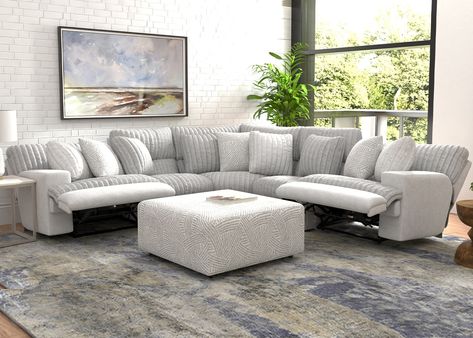 Experience unparalleled comfort and style with the Kayen Power Reclining Sectional. Crafted with super soft faux fur and modern track arms, this sectional offers a contemporary yet cozy feel. With USB ports and power buttons on the arms, staying connected is effortless. Its extra wide T-cushion design provides ample seating space, while its modular construction allows for versatile arrangement. Elevate your living space with the Kayen – where luxury meets functionality. ​Sectional includes wedge Couch For Open Floor Plan, Sectional Reclining Sofa, Sectional Couch With Recliner, Sectional Recliner Living Room, Sectional And Recliner Living Room, Recliner Sofa Living Room Decor, Reclining Sectional Sofas, Virginia Apartment, Modern Reclining Sectional