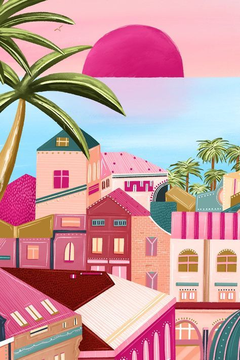 Pink Illustration, Pink Artwork, Tropical Painting, Frame Prints, High Quality Prints, Illustrator Art, Pop Art Wallpaper, Dubrovnik Croatia, Travel Illustration