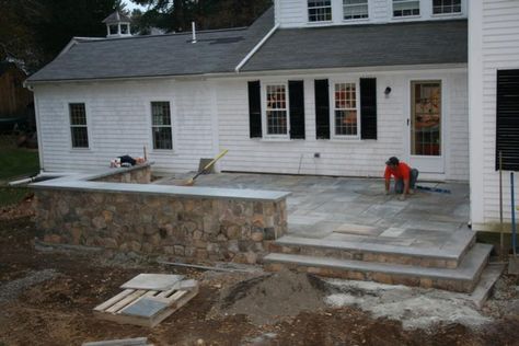 Sloped Paver Patio, Pavers Pattern, Elevated Patio, Yard Upgrades, Tudor Interior, Stone Patio Designs, Patio Stone, Patio Stairs, Stone Deck