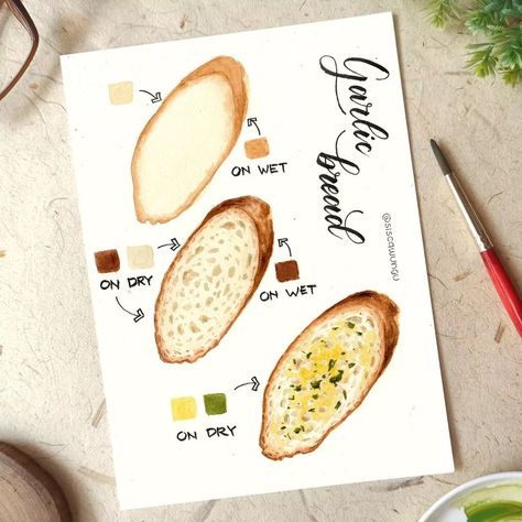 Sisca Wungu on Instagram: “Garlic bread! Easy to make and also easy to paint! What do you think? 😄” Watercolor Garlic, Watercolour Easy, Bread Painting, Watercolor Food Illustration, Beautiful Dawn, Food Art Painting, Fun Watercolor, Easy To Paint, Paintings Tutorials