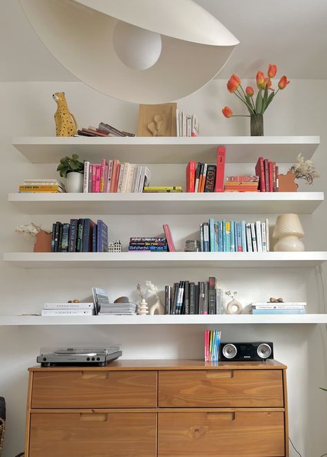 Colorful Shelves, Lack Shelves, Shelves Books, Ikea Dining Room, Open Floor Concept, Brown Dresser, White Bookshelves, Room Shelves, Bookshelves Diy