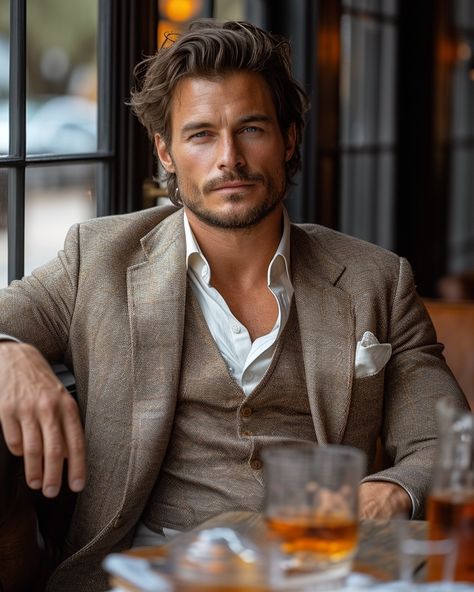 The image of a man in a suit has evolved to symbolize not just professional success but a lifestyle that appreciates the finer things in life, including moments of reflection and enjoyment. The picture of a man, suit-clad, sitting at a table with a glass of whiskey in hand, is emblematic of this modern gentleman. He embodies a blend of sophistication, discernment, and a nuanced approach to life where success is measured in moments savored, not just milestones achieved. This man understands t... Hot Suits For Men, Whiskey In Hand, Hot Old Man, Picture Of A Man, Man Relaxing, Glass Of Whiskey, Man In Suit, Hot Suit, Older Mens Hairstyles