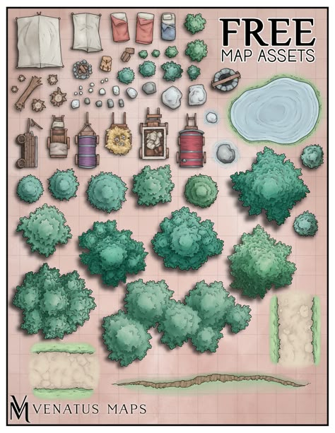 We hit a goal on Patreon, so here's a free pack of 85+ map assets! Map Assets, Dnd Crafts, Fantasy Map Making, Dungeon Tiles, Dnd World Map, Fantasy World Map, Map Icons, Map Making, Tabletop Rpg Maps