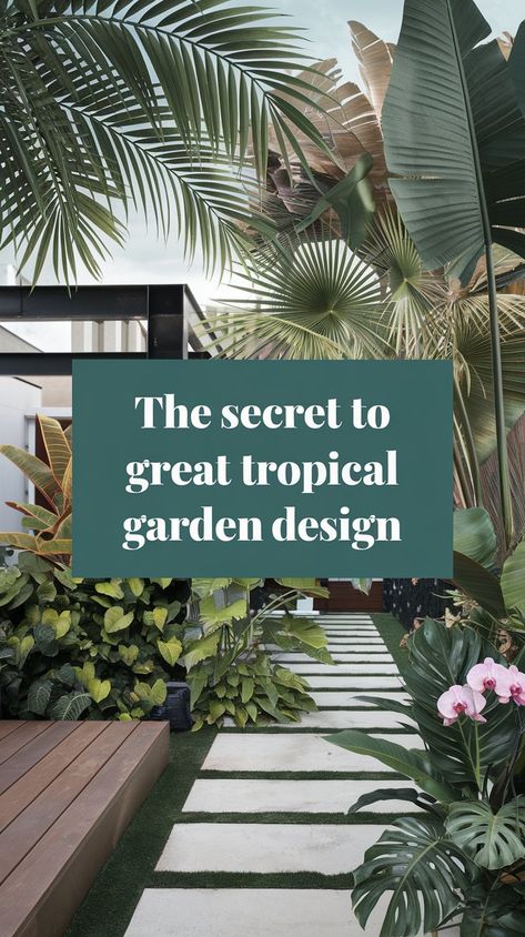 Create Your Own Lush Tropical Oasis at Home 🌺🌿 Tropical Garden Edging, Traveler Palm Landscaping, Low Maintenance Tropical Plants, Tropical Garden Design Full Sun, Layered Tropical Garden, Contemporary Tropical Garden, Narrow Tropical Garden, Tropical Garden Uk Ideas, Modern Tropical Backyard Landscaping