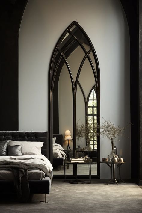 Elegance in Darkness: 21 Whimsy Goth Bedroom Decorating Ideas Modern Witch Interior Design, Minimalist Goth Apartment, Modern Gothic Bedroom Ideas, Gothic Modern House Decor, Gothic Architecture Bedroom, Neo Gothic Bedroom, Gothic Home Renovation, Light Gothic Bedroom, Modern Gothic Apartment