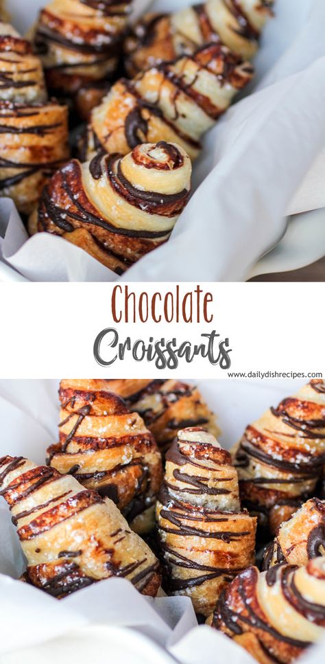 Looking for a quick chocolate fix? These easy chocolate croissants are ready in only 20 minutes and full of chocolate, then drizzled with more chocolate and sprinkled with powdered sugar. A fun and delicious treat, anytime! Sheet Pan Chocolate Croissant, Chocolate Corrisants, Almond Chocolate Croissant Recipe, Chocolate Crossiant Recipes, Homemade Croissants Chocolate, Chocolate Crossaints Recipe, Chocolate Brunch Recipes, Crescent Roll Chocolate Croissant, Chocolate Crescent Roll Recipes